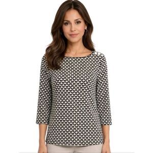 Croft&Barrow Ivory & Black Patterned Bateau Neck Button Detail 3/4 Sleeve Top LP